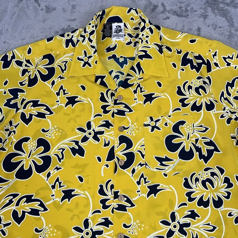 Kennington LTD Mens XL Hawaiian Shirt Yellow/Blue Tropical Floral Vacation *read